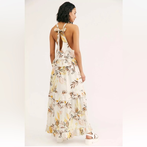 Free People Yellow Leaf Watercolor Cotton Gauze Anita Tiered Maxi Halter Size S - Picture 2 of 15